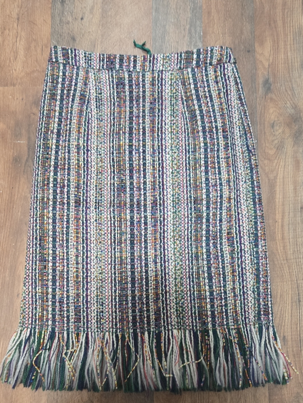 Maeve Multicolor Tweed Pencil Skirt with Fringe Hem